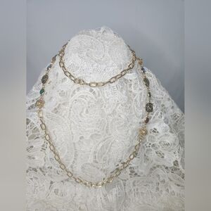 Vintage Roman Minerva Coin Station Long Necklace Gold Tone Cabochon Multicolor